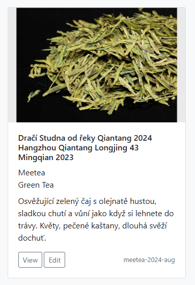 Ukázka aplikace My Tea Collection – karta čaje s fotografií lístků zeleného čaje, názvem, původem a popisem